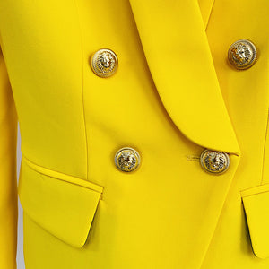 Refined, Yellow Double-Breasted Women's Jacket and Trousers Set with Lion Head Buttons