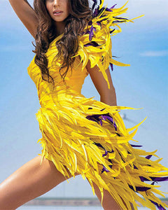 Women's Elegant Vibrant Yellow Feather Party Sleeveless Dress
