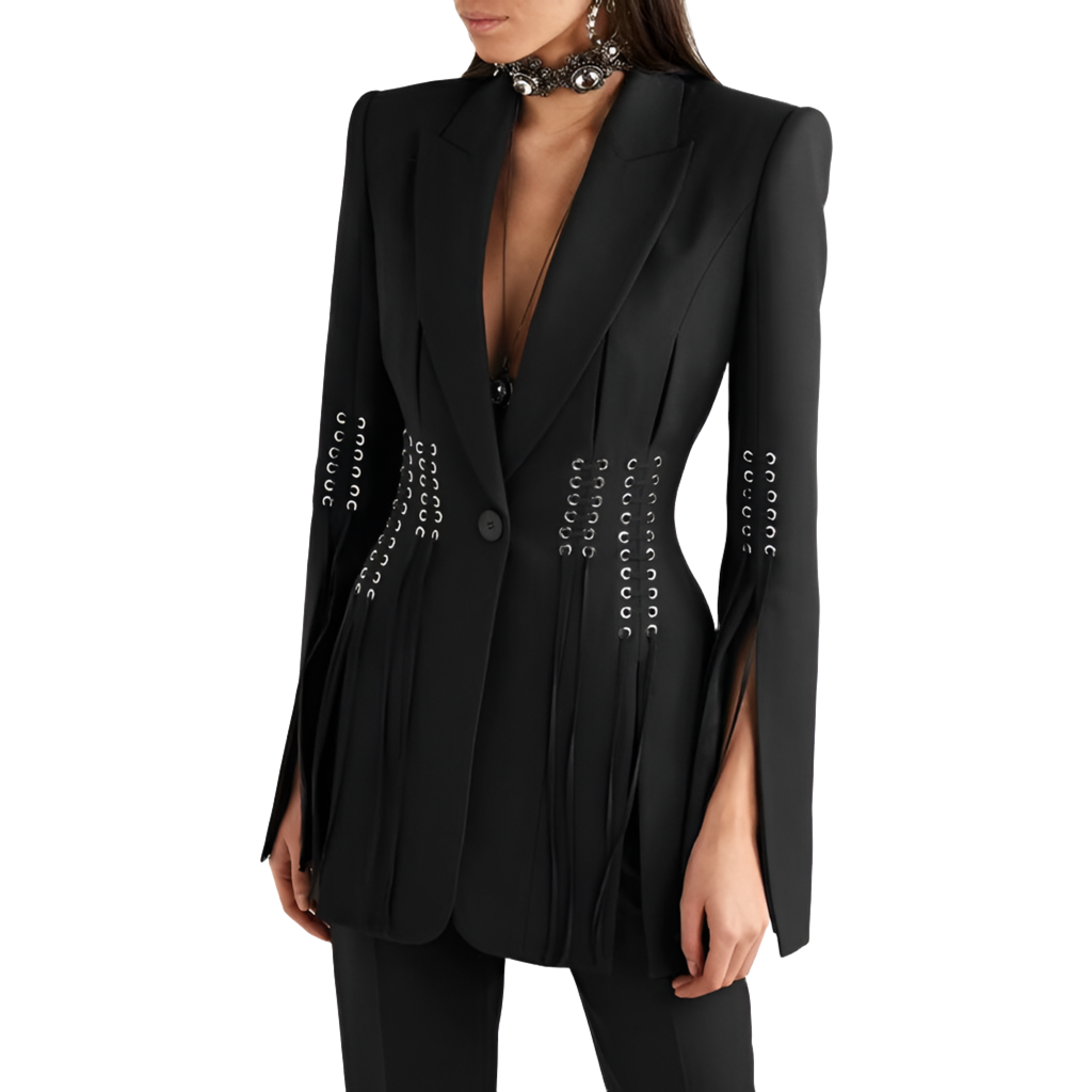 Executive Edge, Black Eyelet Waisted and Sleeves Women's Jacket