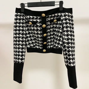 Pristine, Cold Shoulder Houndstooth Five-Button Long Sleeve Top