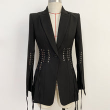 Load image into Gallery viewer, Executive Edge, Black Eyelet Waisted and Sleeves Women&#39;s Jacket