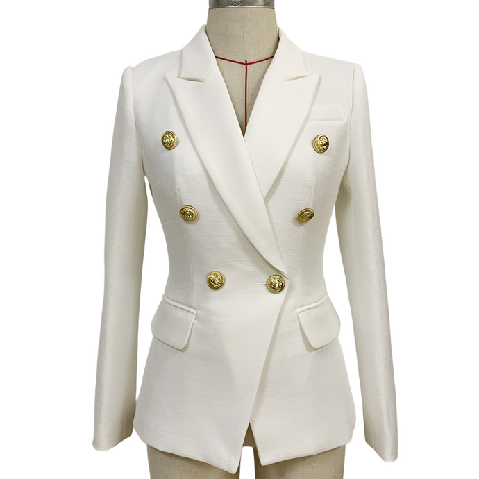 Icon, White Double-Breasted Women's Jacket with Lion Head Buttons