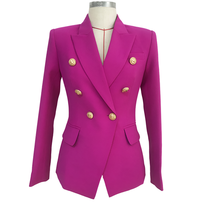 Barbie Pink, Double-Breasted Women's Jacket with Lion Head Buttons