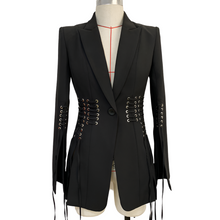 Load image into Gallery viewer, Executive Edge, Black Eyelet Waisted and Sleeves Women&#39;s Jacket