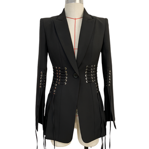 Executive Edge, Black Eyelet Waisted and Sleeves Women's Jacket