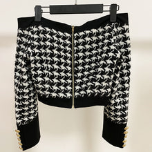 Load image into Gallery viewer, Pristine, Cold Shoulder Houndstooth Five-Button Long Sleeve Top