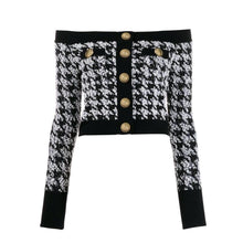 Load image into Gallery viewer, Pristine, Cold Shoulder Houndstooth Five-Button Long Sleeve Top