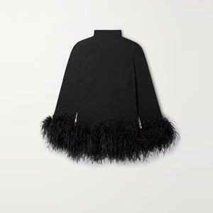 Turtleneck  Long Sleeve Short Dress Ostrich Feather Black