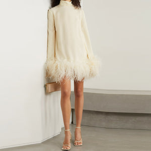 Turtleneck  Long Sleeve Short Dress Ostrich Feather Black